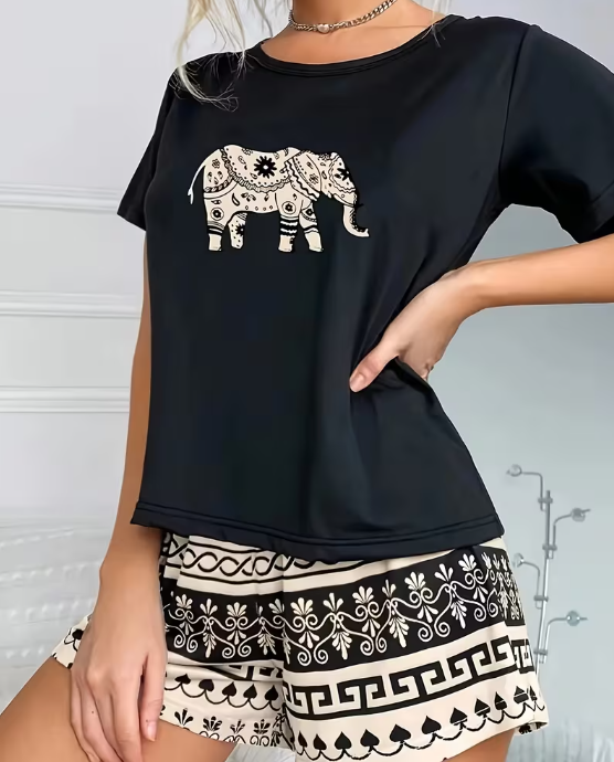 04 Punten.... Dames Pyjama Set met shirt en Shorts, Olifantenprint