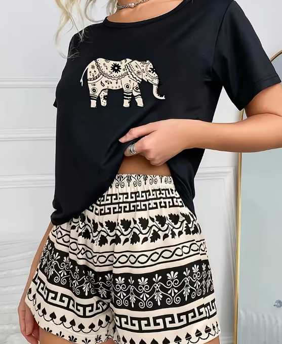 04 Punten.... Dames Pyjama Set met shirt en Shorts, Olifantenprint